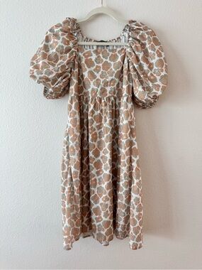 Mikarose Beige Floral Puff Sleeve Midi Dress
